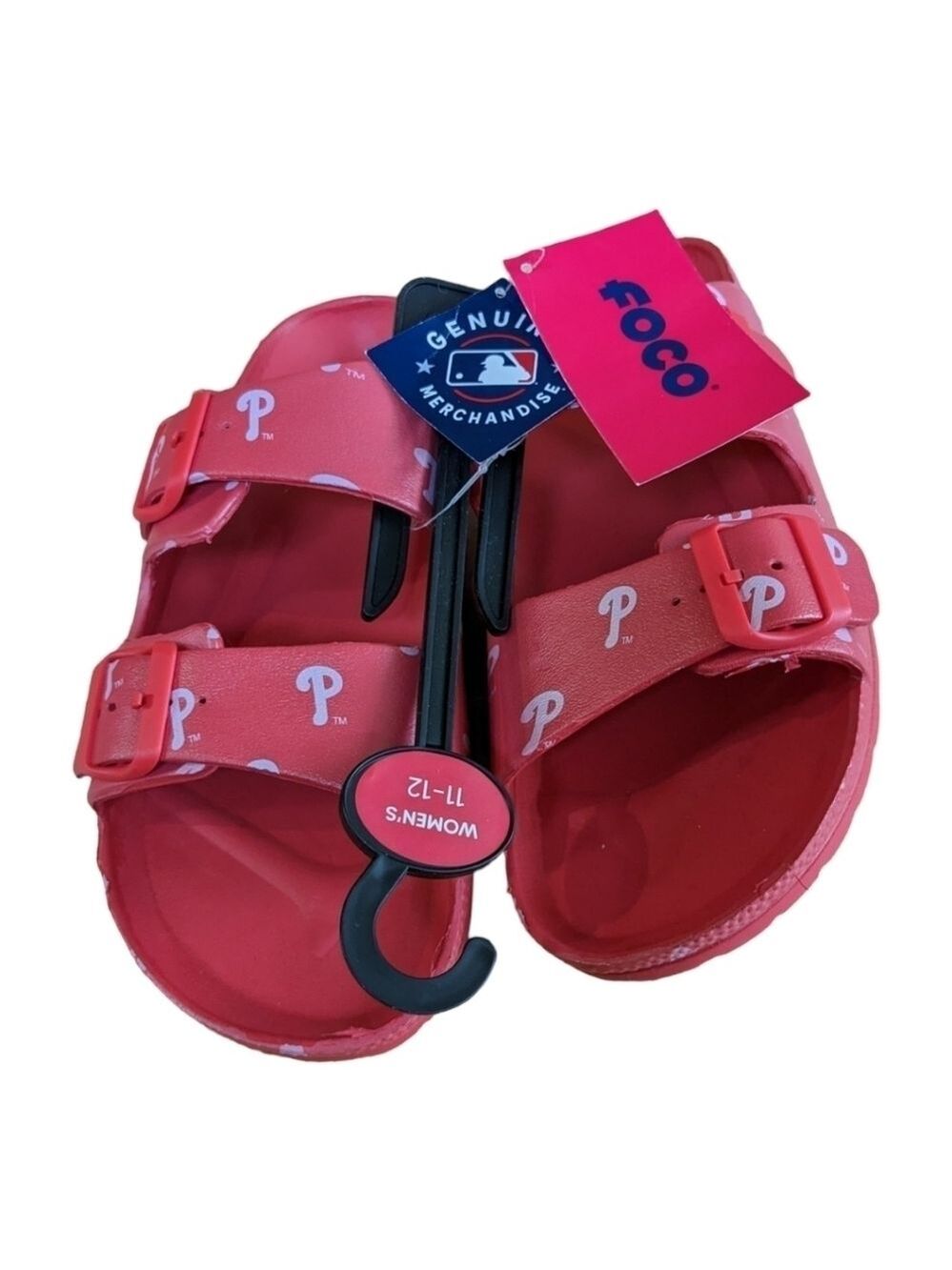 NEW FOCO Phillies Red double buckle plastic slides,size 9-10 Men, 11-12 Women